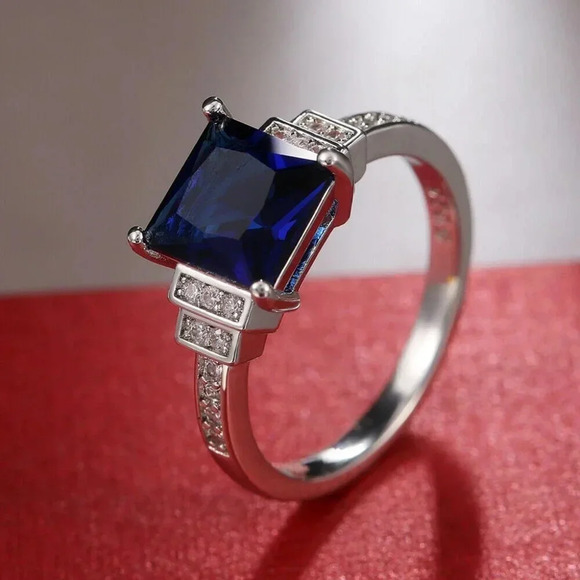 Sterling Silver Diamond Sapphire Princess Cut Ring - Picture 5 of 7
